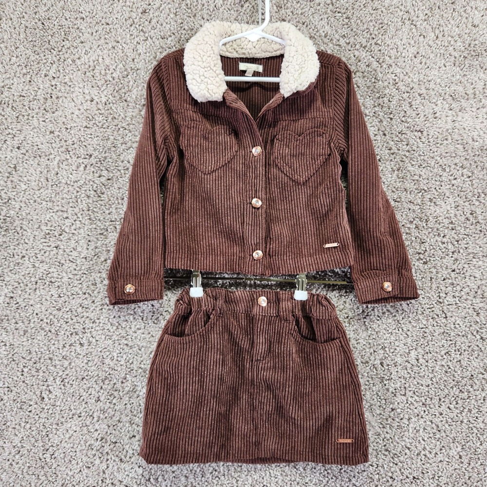Tahari Girl Skirt Set Size 5 Brown Corduroy Sherpa Heart Pockets Casual School